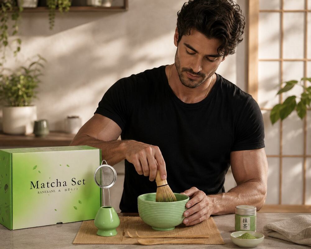 NIB Matcha Tea Set Ceramic Bowl Bamboo Whisk Complete Gift Kit Green